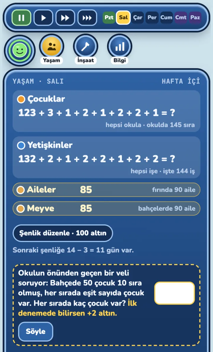 Yaşam panelinde bugünün hesabı (kaç çocuk okula, kaç büyük işe gidecek) ve günün bölme sorusu