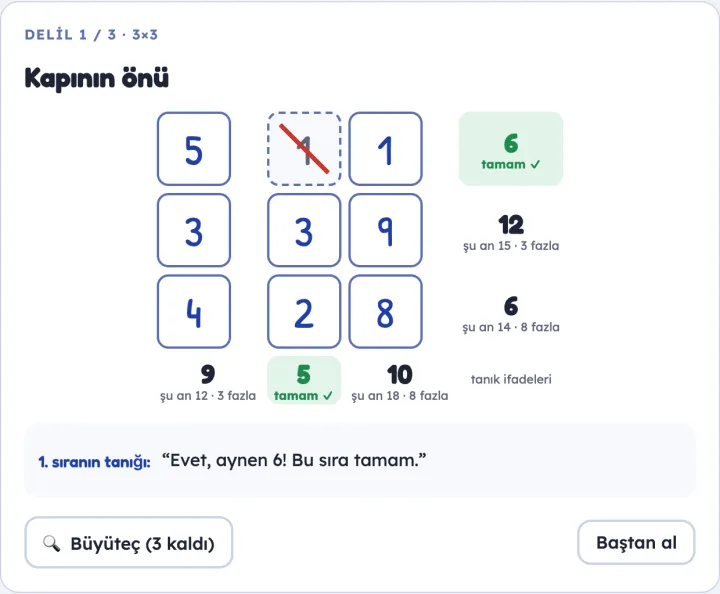 Bir bulmaca: 3×3 ızgarada sayılar, satır ve sütunların kenarında tanıkların hedefleri